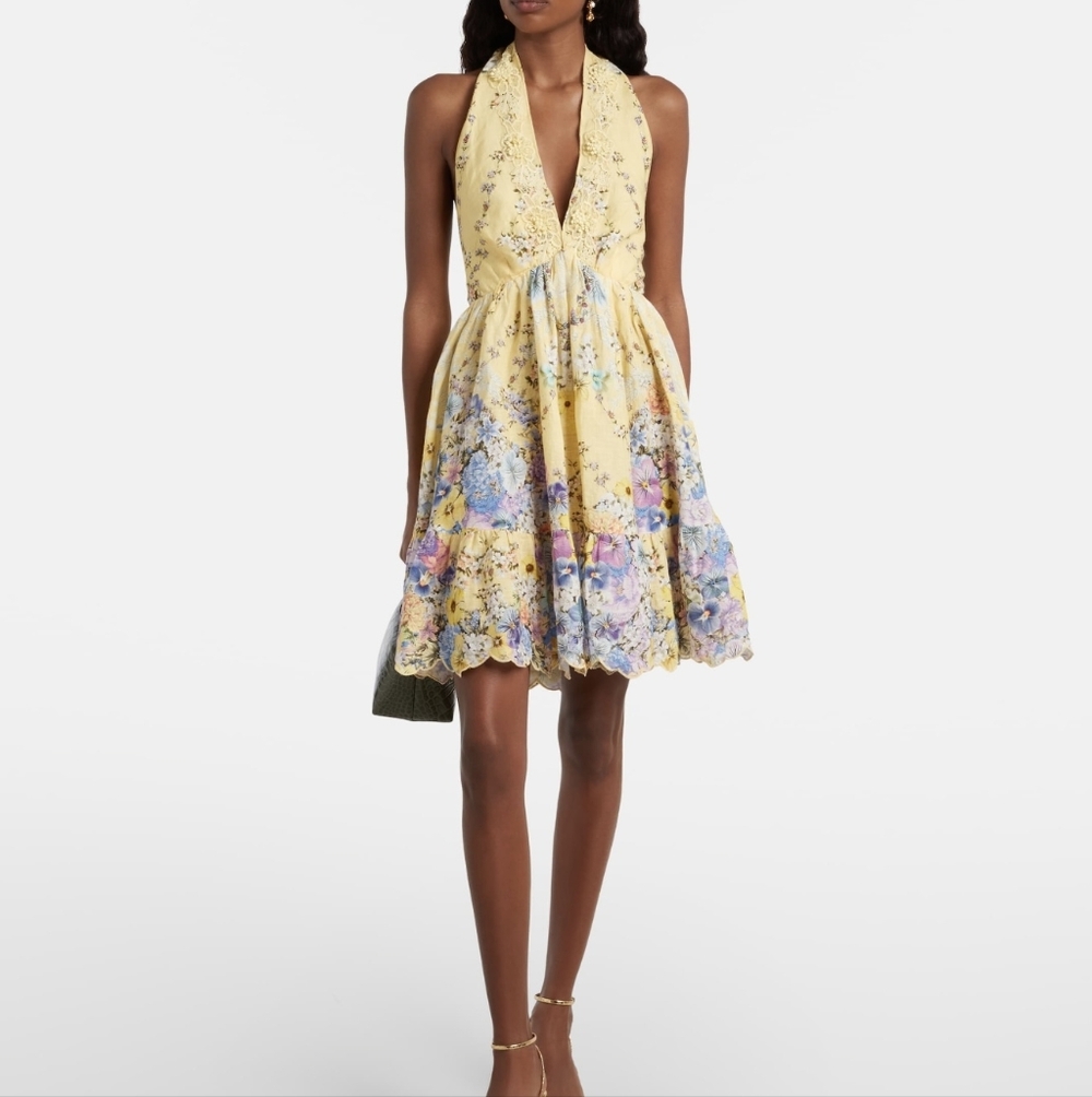 Camilla ruffle hem halter short dress In Darling buds